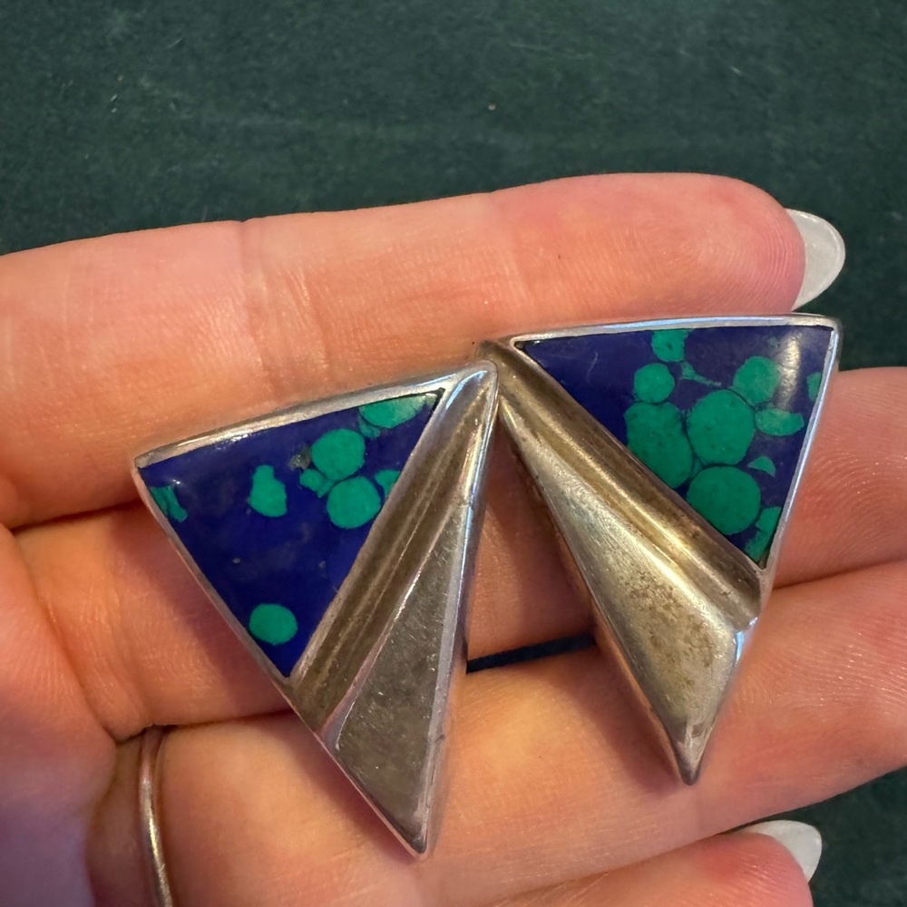 Vintage 925 Sterling silver Azurite Malachite triangle clip earrings 14.6g